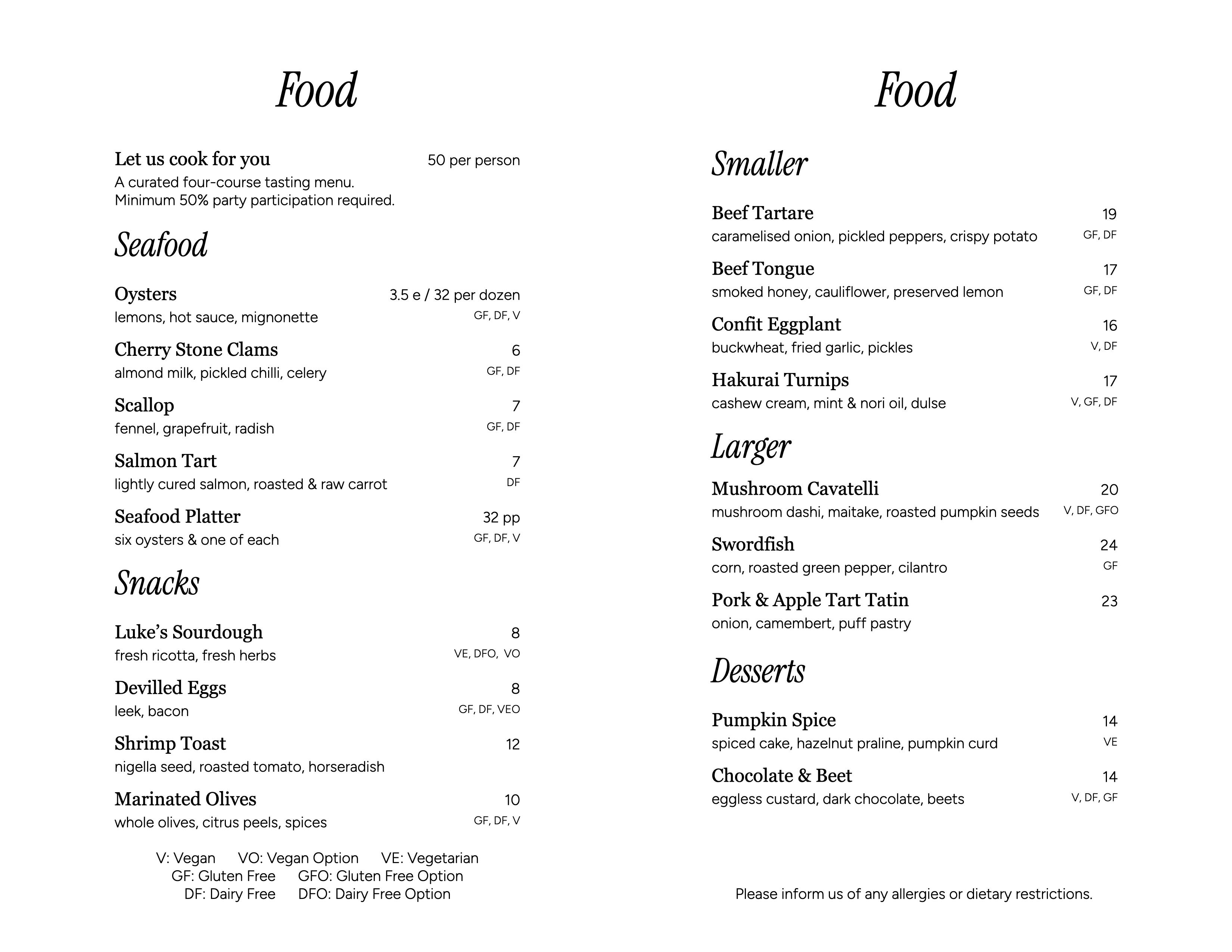 Food Menu (Fall, 2025)